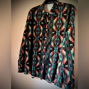 Women’s Western Button-Down Shirt in Black with Teal & Coral Aztec Print XL